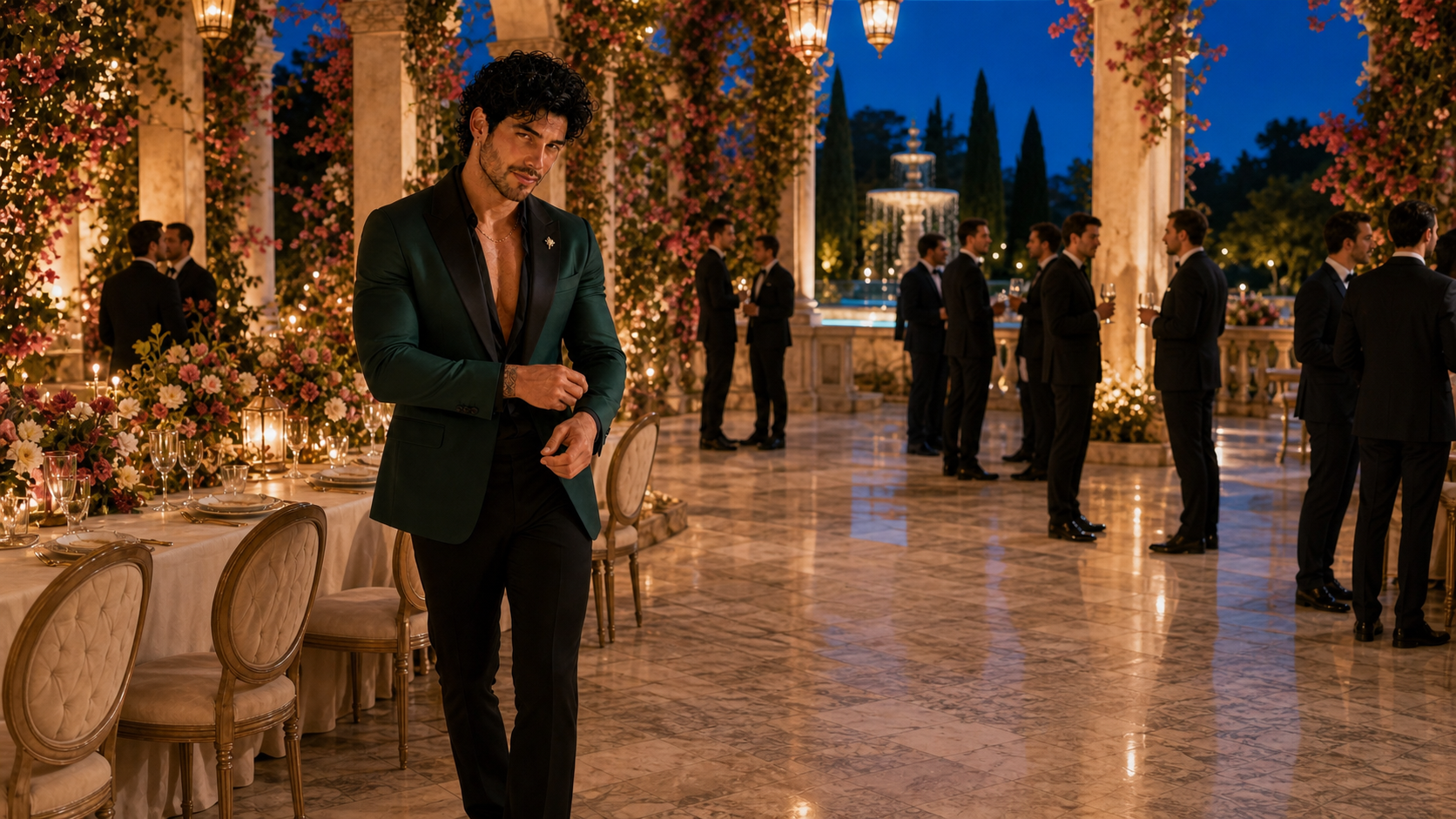 Camilo arriving at a flower-filled royal evening reception