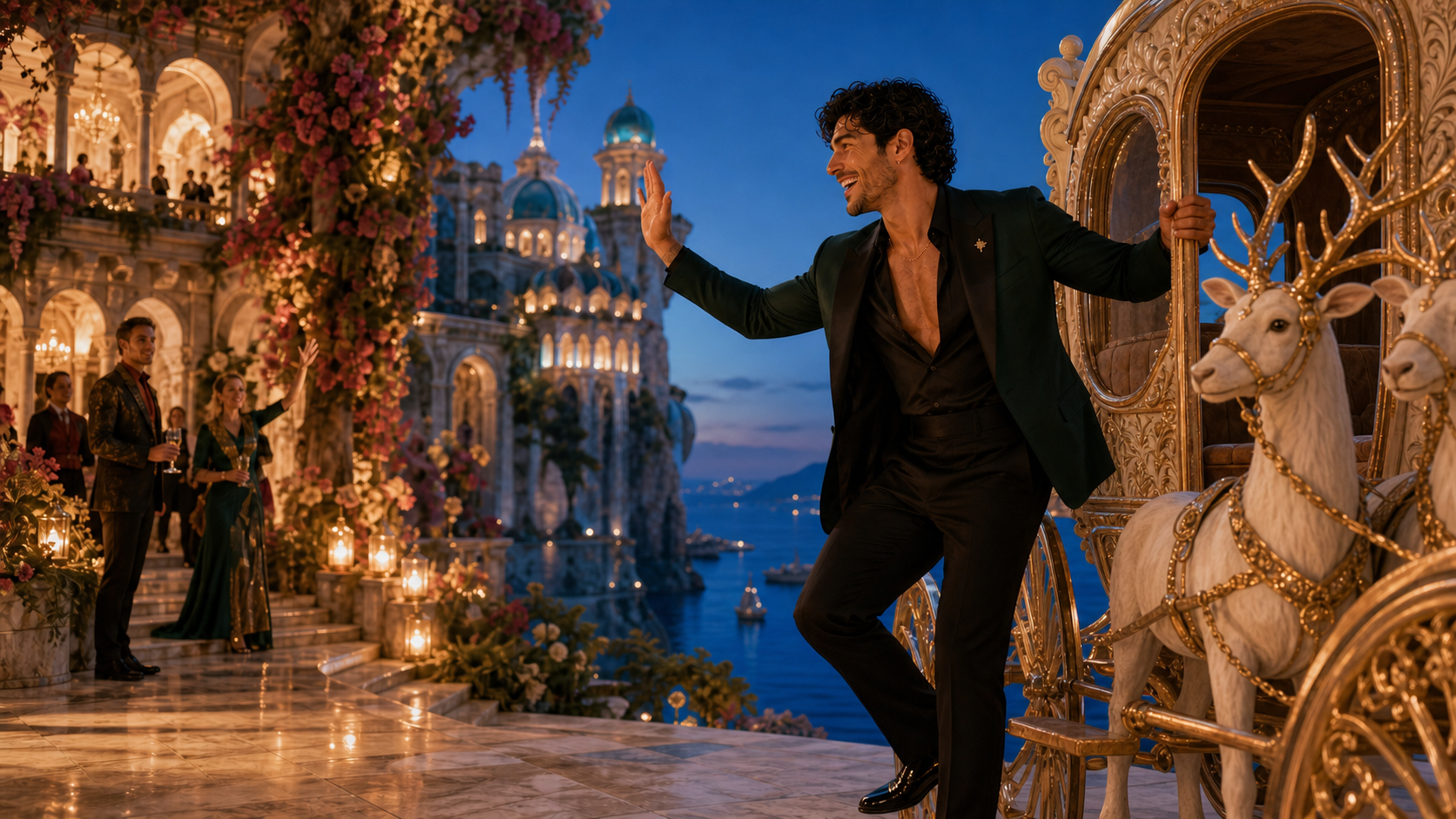 Camilo arriving by golden carriage at a flower-filled royal reception