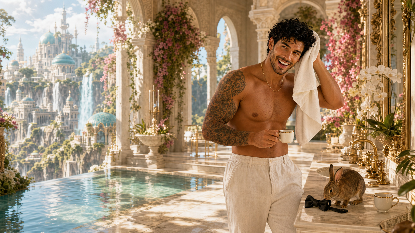 Camilo enjoying a royal morning beside the palace pool